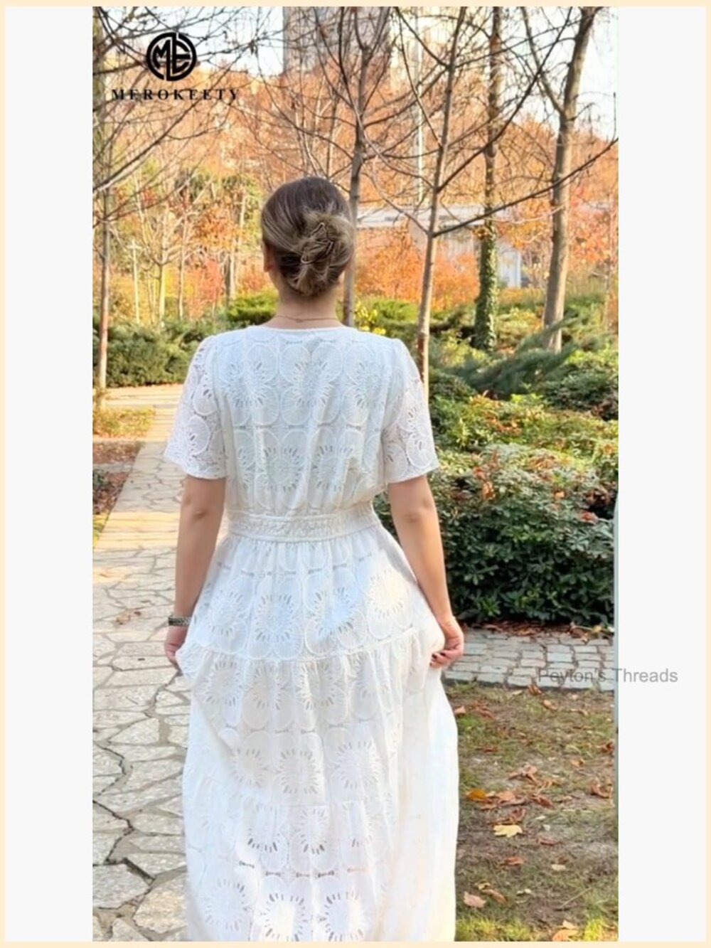 Summer Boho Floral Maxi Dress with Eyelet Lace Short Sleeve A-Line Tiered Flowy - Picture 7 of 7